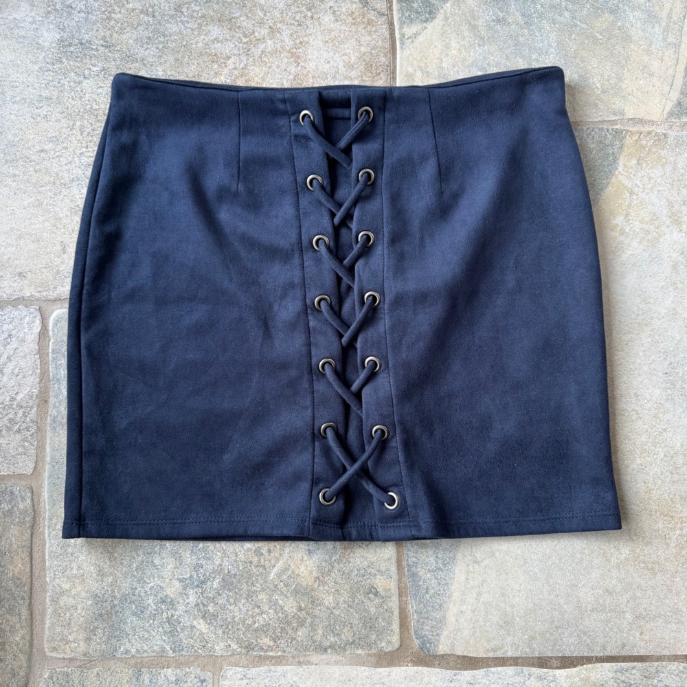 Windsor Navy Faux Suede Lace-Up Mini Skirt Women's Large Y2K Western Fall Outfit